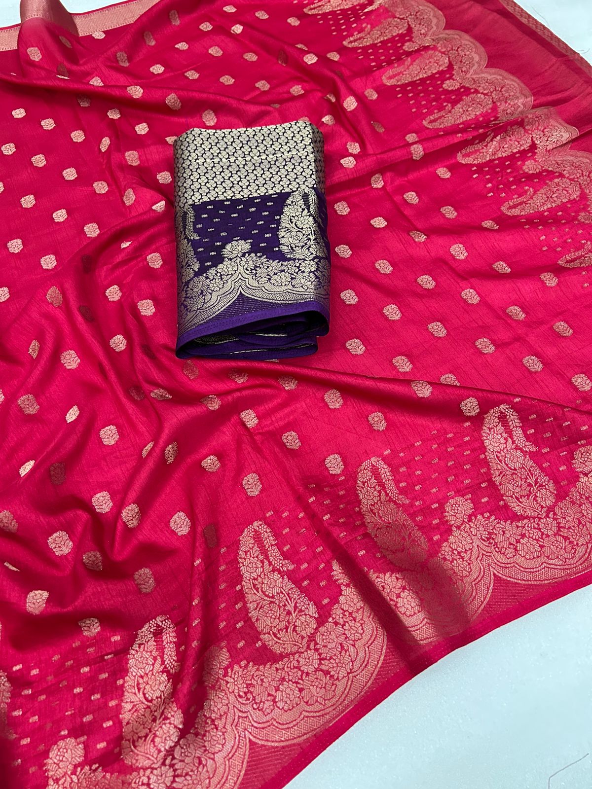 Gorgeous Function Wear Pure Soft Viscose Jacquard Weaving Border Fancy Saree With Contrast Blouse
