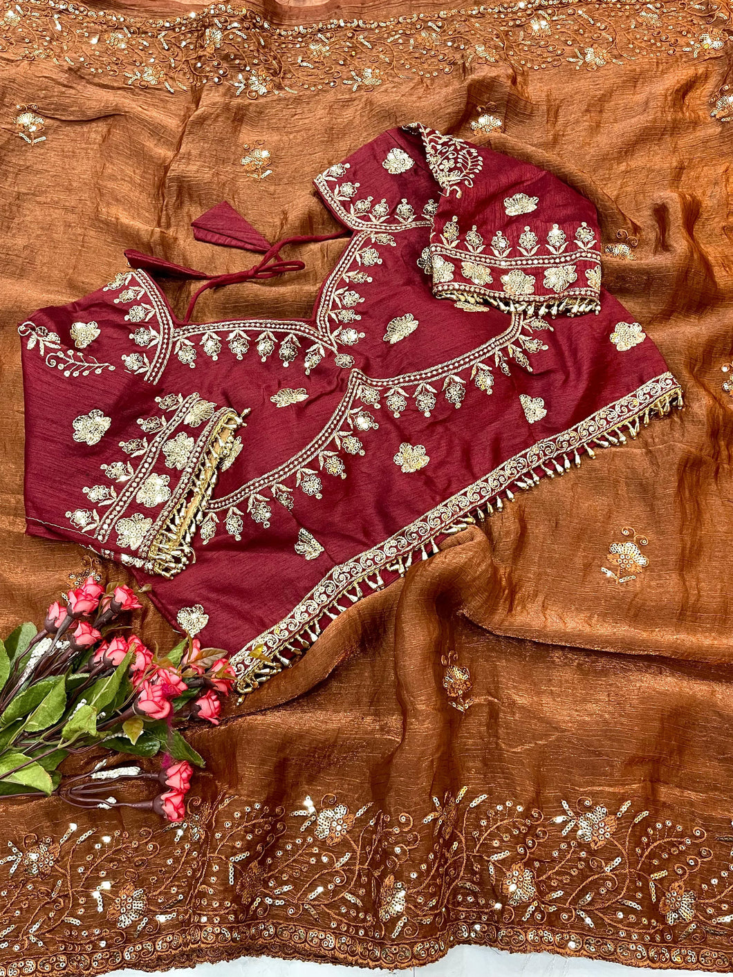 New Function Wear Fendy Chiffon Heavy Sequence n Aarco Work Fancy Designer Saree With Stitched Blouse