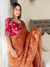 Load image into Gallery viewer, New Function Wear Fendy Chiffon Heavy Sequence n Aarco Work Fancy Designer Saree With Stitched Blouse
