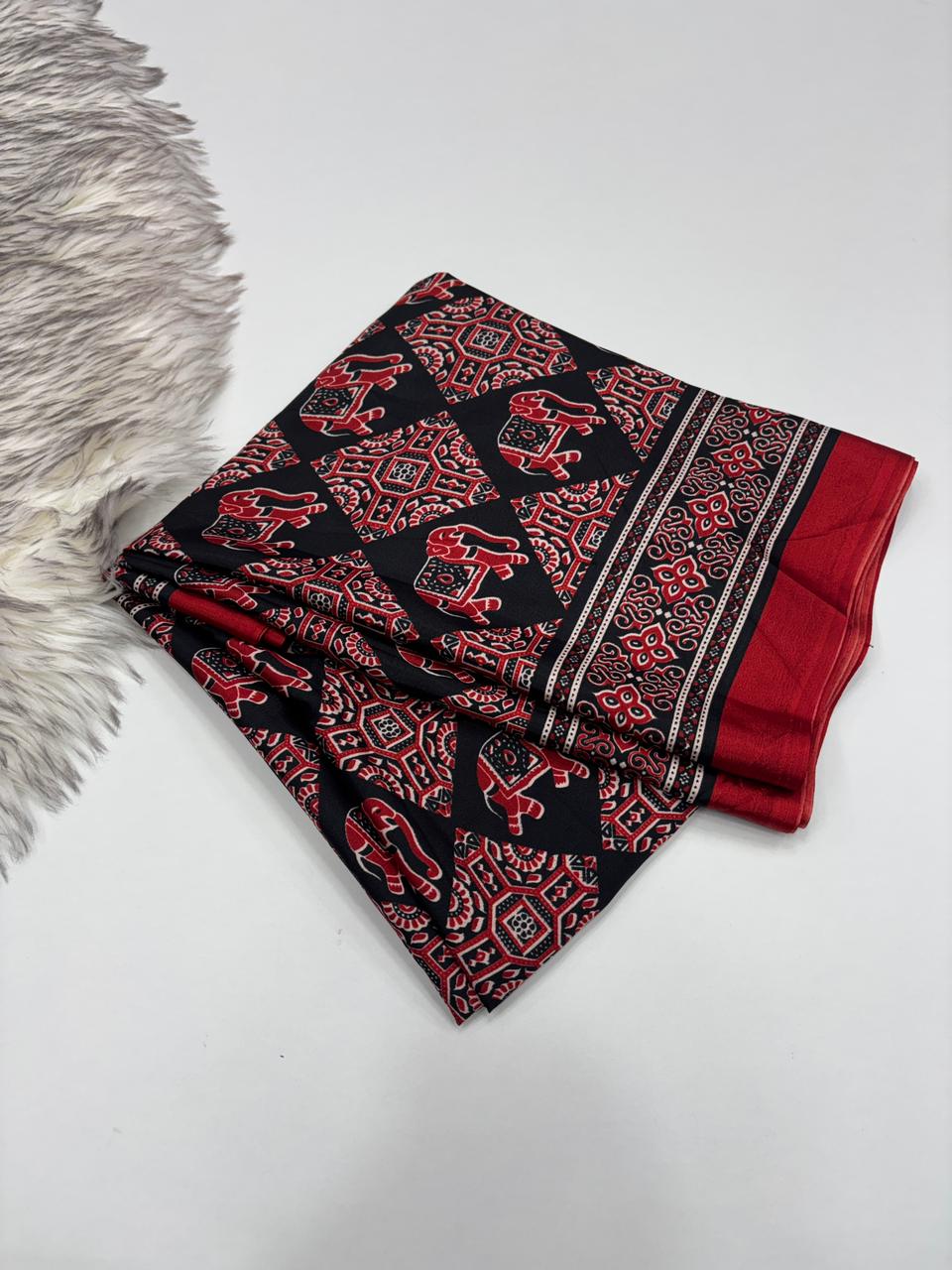 Prettiest Function Wear Pure Satin Silk Ajrak Printed Rich Pallu n Tussles Work Fancy Designer Saree