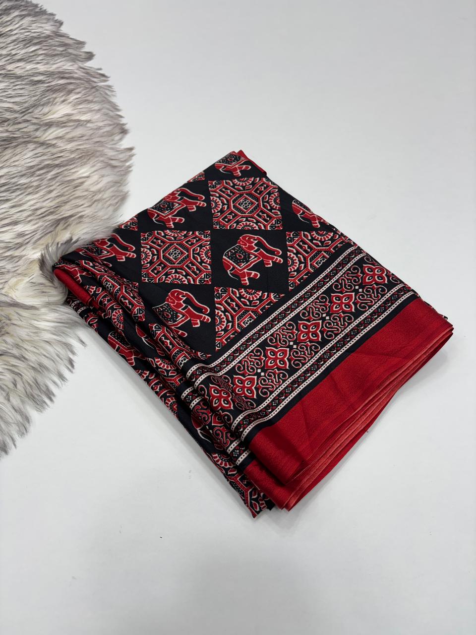 Prettiest Function Wear Pure Satin Silk Ajrak Printed Rich Pallu n Tussles Work Fancy Designer Saree