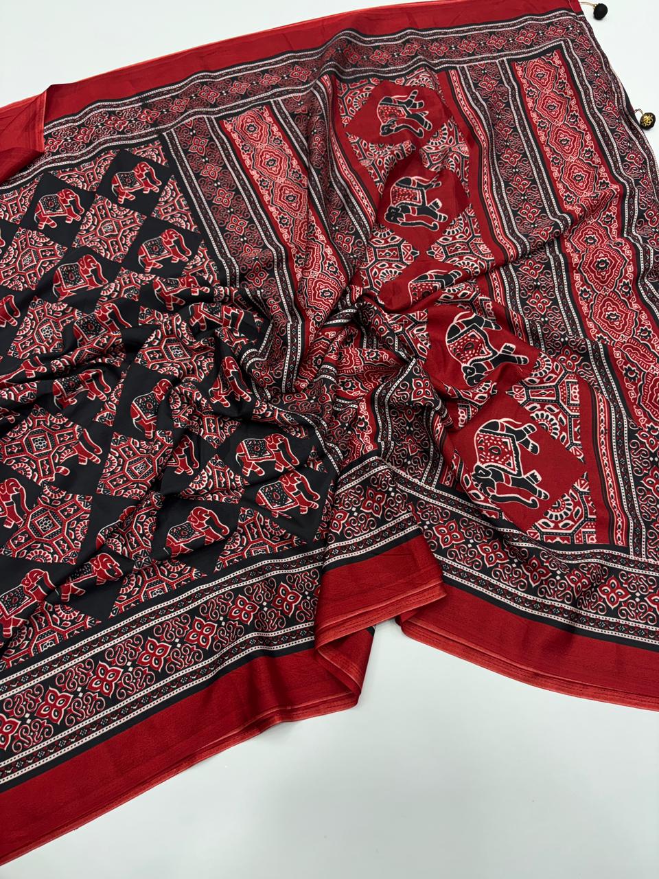 Prettiest Function Wear Pure Satin Silk Ajrak Printed Rich Pallu n Tussles Work Fancy Designer Saree