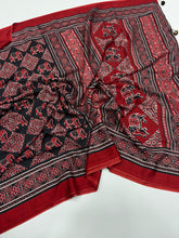 Load image into Gallery viewer, Prettiest Function Wear Pure Satin Silk Ajrak Printed Rich Pallu n Tussles Work Fancy Designer Saree
