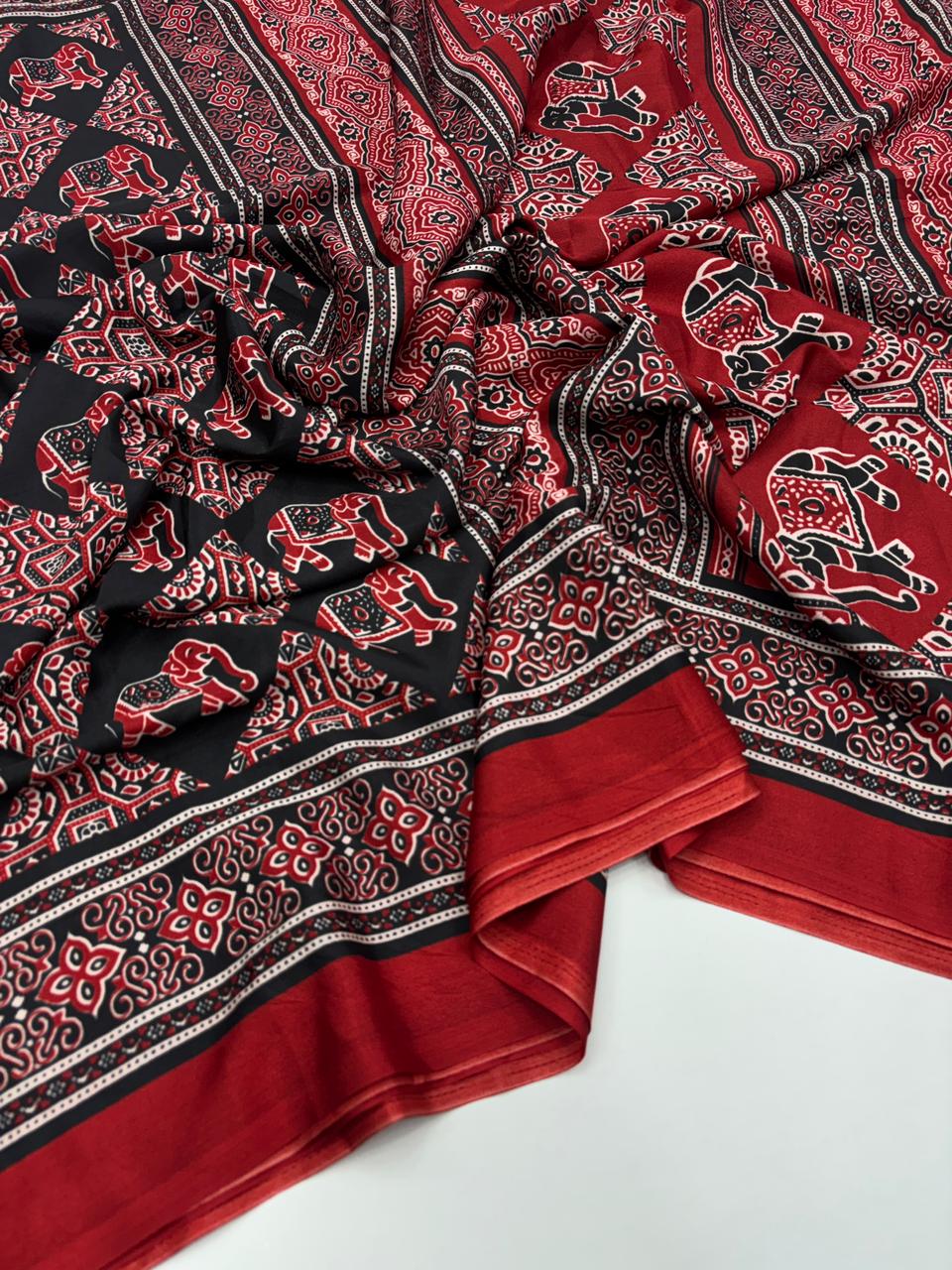 Prettiest Function Wear Pure Satin Silk Ajrak Printed Rich Pallu n Tussles Work Fancy Designer Saree