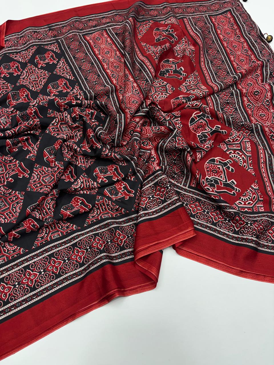 Prettiest Function Wear Pure Satin Silk Ajrak Printed Rich Pallu n Tussles Work Fancy Designer Saree