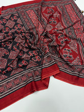 Load image into Gallery viewer, Prettiest Function Wear Pure Satin Silk Ajrak Printed Rich Pallu n Tussles Work Fancy Designer Saree
