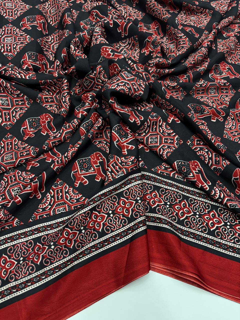 Prettiest Function Wear Pure Satin Silk Ajrak Printed Rich Pallu n Tussles Work Fancy Designer Saree
