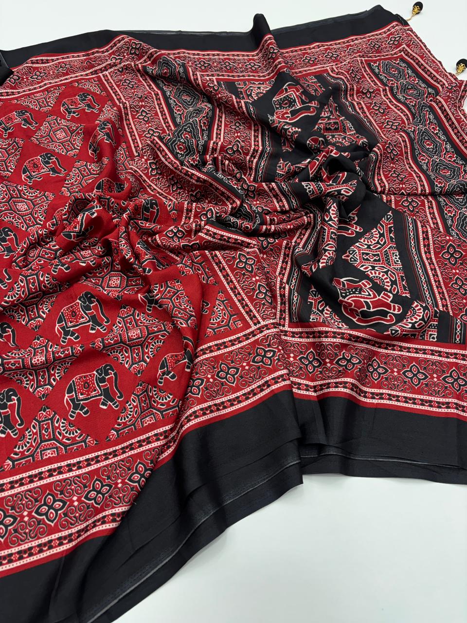 Prettiest Function Wear Pure Satin Silk Ajrak Printed Rich Pallu n Tussles Work Fancy Designer Saree