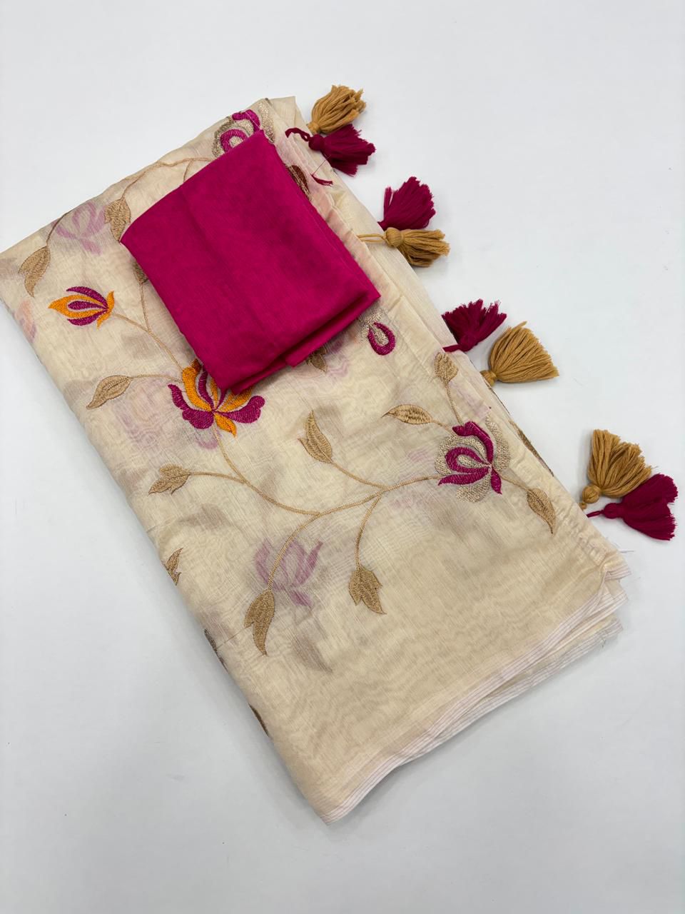 New Function Wear White Color Chanderi Cotton Embroidery n Tussels Work Fancy Designer Saree With Blouse Piece