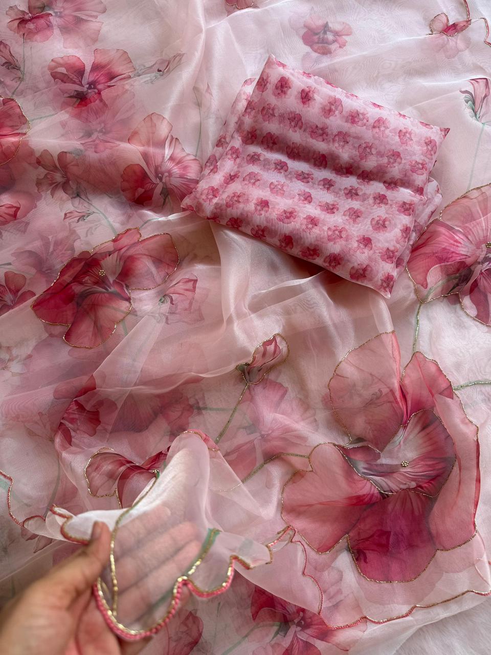 Glamorous Function Wear Peach Colour Soft Organza Silk Printed Hand Work Fancy Designer Saree With Unstitched Blouse