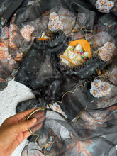 Load image into Gallery viewer, Dissemble Party Wear Black Colour Soft Organza Silk Printed Hand Work Fancy Designer Saree With Unstitched Blouse
