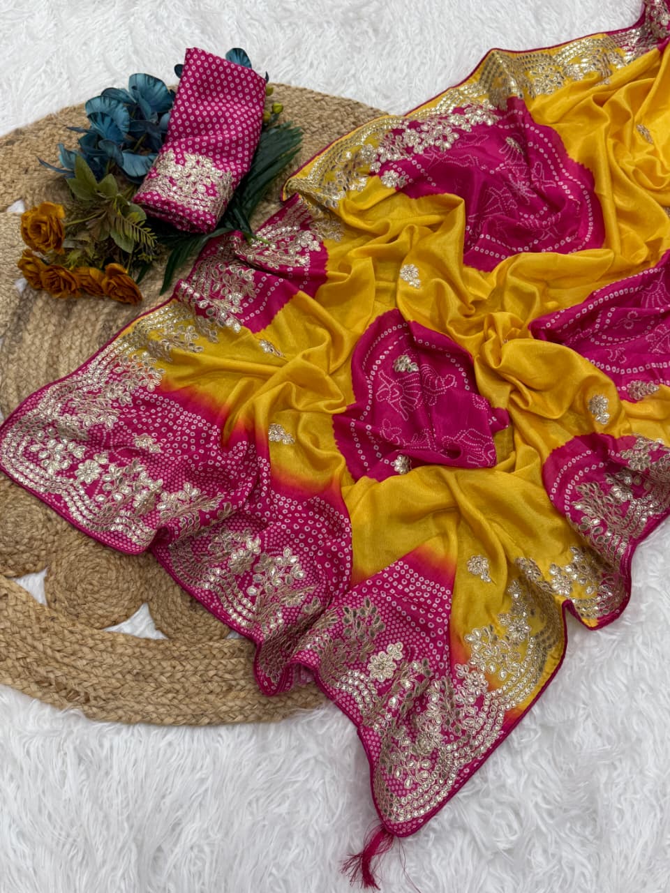 New Festive Wear Shiny Silk Fabric Print With Foil Embroidery Work Fancy Designer Saree With Bandhni Blouse Piece