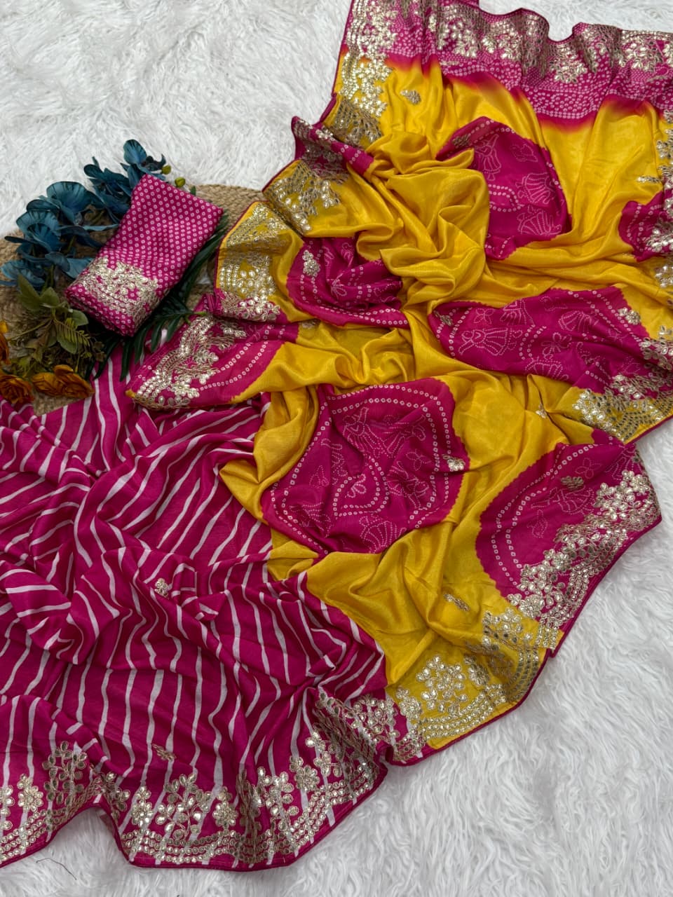 New Festive Wear Shiny Silk Fabric Print With Foil Embroidery Work Fancy Designer Saree With Bandhni Blouse Piece