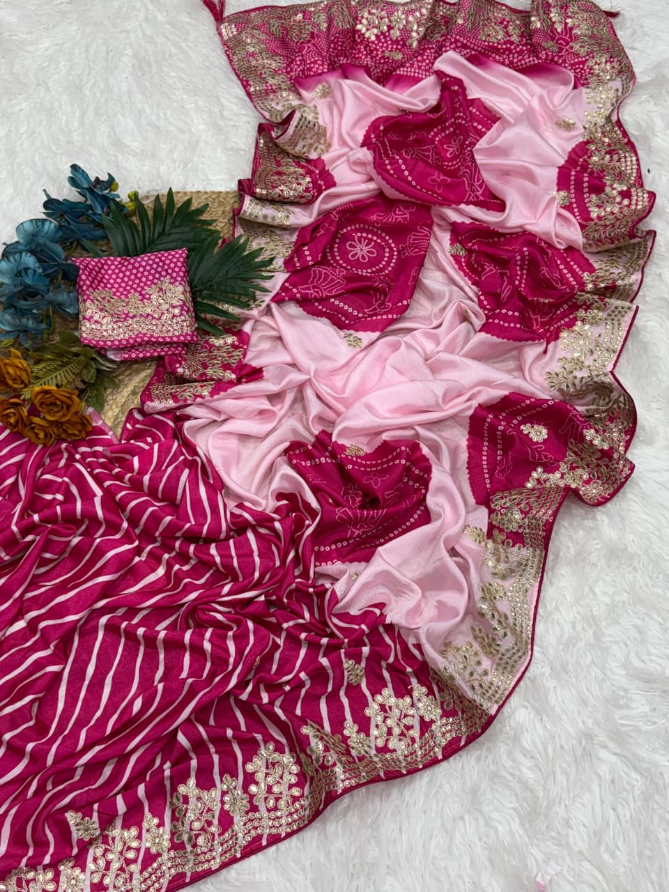 New Festive Wear Shiny Silk Fabric Print With Foil Embroidery Work Fancy Designer Saree With Bandhni Blouse Piece