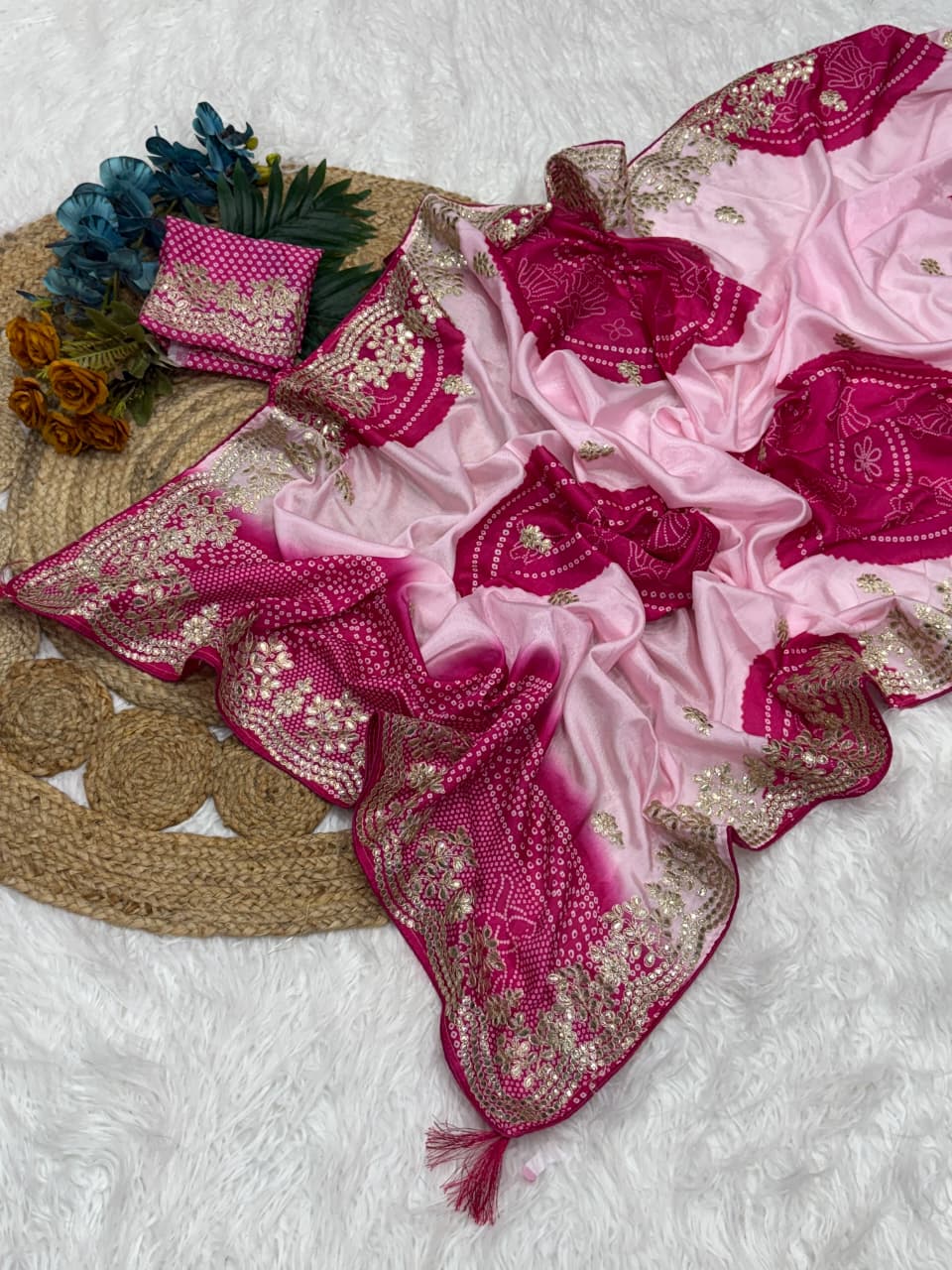 New Festive Wear Shiny Silk Fabric Print With Foil Embroidery Work Fancy Designer Saree With Bandhni Blouse Piece