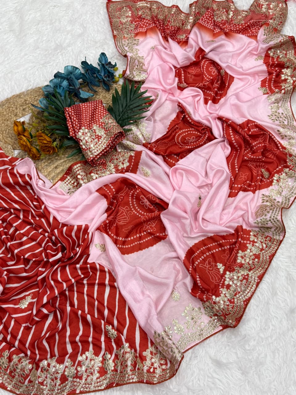 New Festive Wear Shiny Silk Fabric Print With Foil Embroidery Work Fancy Designer Saree With Bandhni Blouse Piece