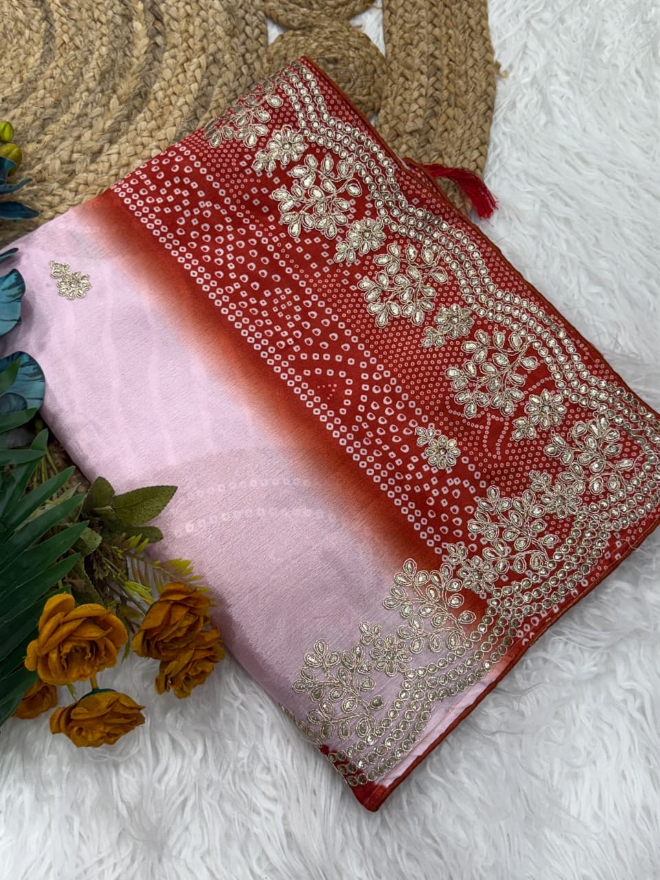 New Festive Wear Shiny Silk Fabric Print With Foil Embroidery Work Fancy Designer Saree With Bandhni Blouse Piece