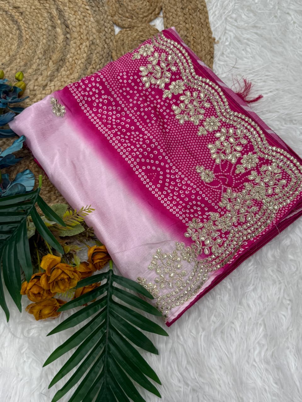 New Festive Wear Shiny Silk Fabric Print With Foil Embroidery Work Fancy Designer Saree With Bandhni Blouse Piece