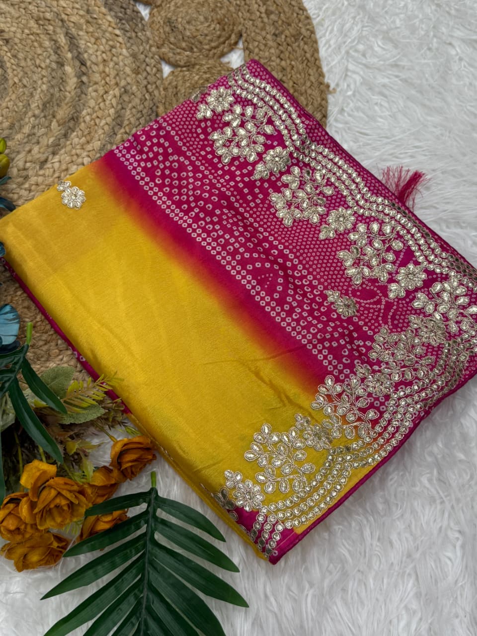 New Festive Wear Shiny Silk Fabric Print With Foil Embroidery Work Fancy Designer Saree With Bandhni Blouse Piece