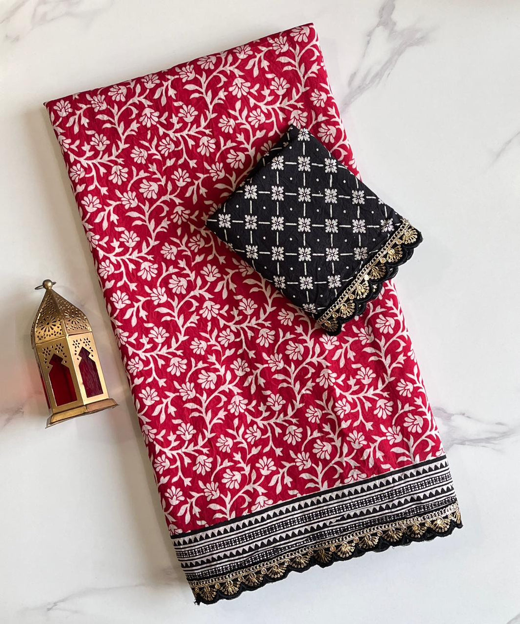 Entrancing Festive Wear Red Colour Mul Cotton Print Sequence Lace n Rich Pallu Work Fancy Designer Saree