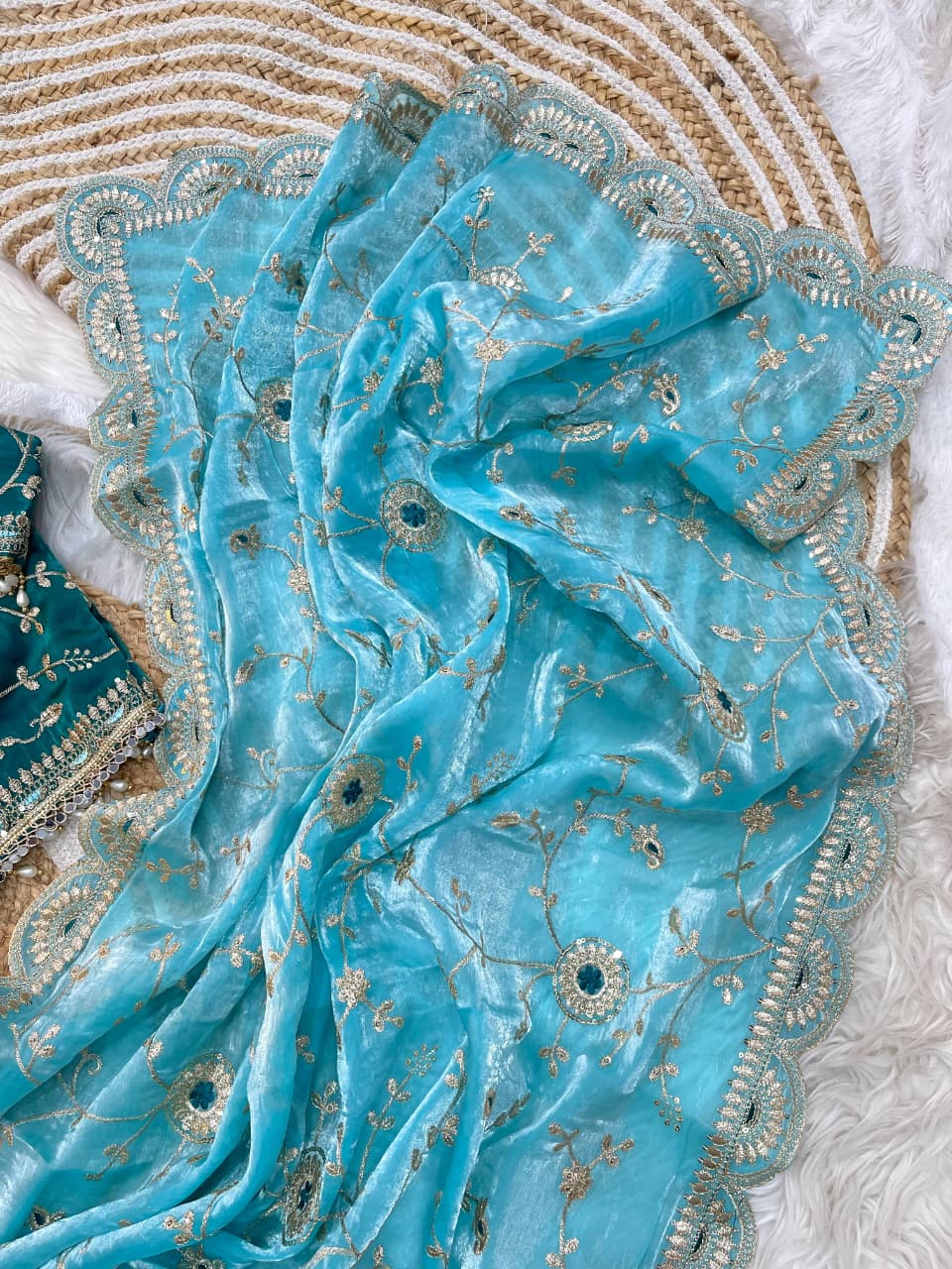 Luxuriant Soft Satin Silk Embroidery n Sequence Work Rich Look Saree With Demesne Full Stitched Blouse
