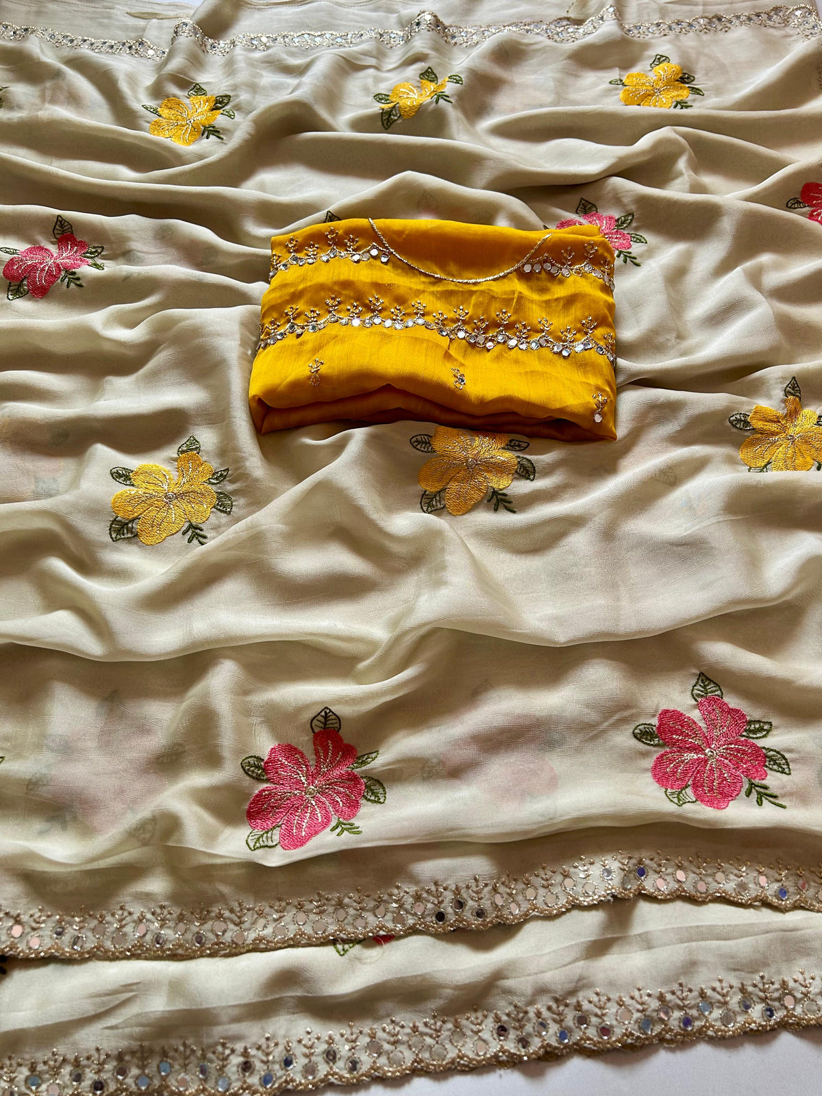 Adorable Festive Wear Soft Rangoli Silk Embroidery n Mirror Work Fancy Designer Saree With Contrast Blouse