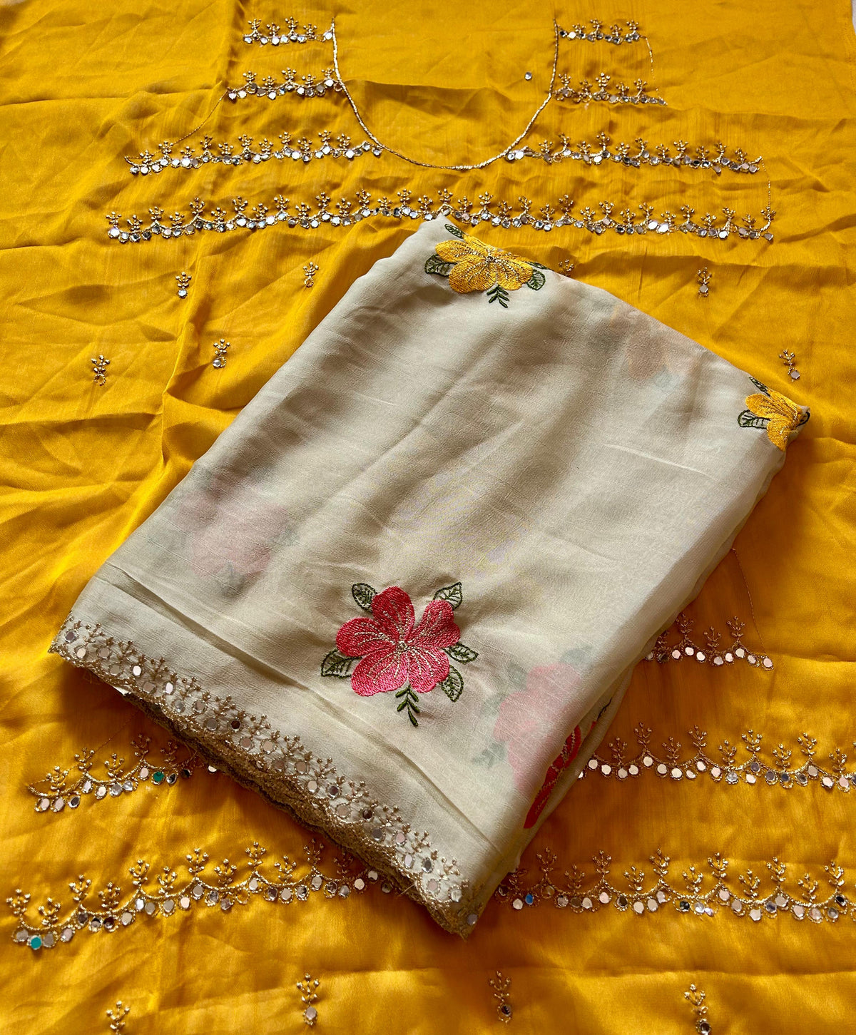 Adorable Festive Wear Soft Rangoli Silk Embroidery n Mirror Work Fancy Designer Saree With Contrast Blouse
