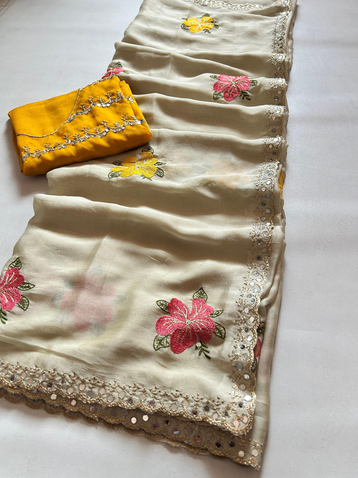 Adorable Festive Wear Soft Rangoli Silk Embroidery n Mirror Work Fancy Designer Saree With Contrast Blouse