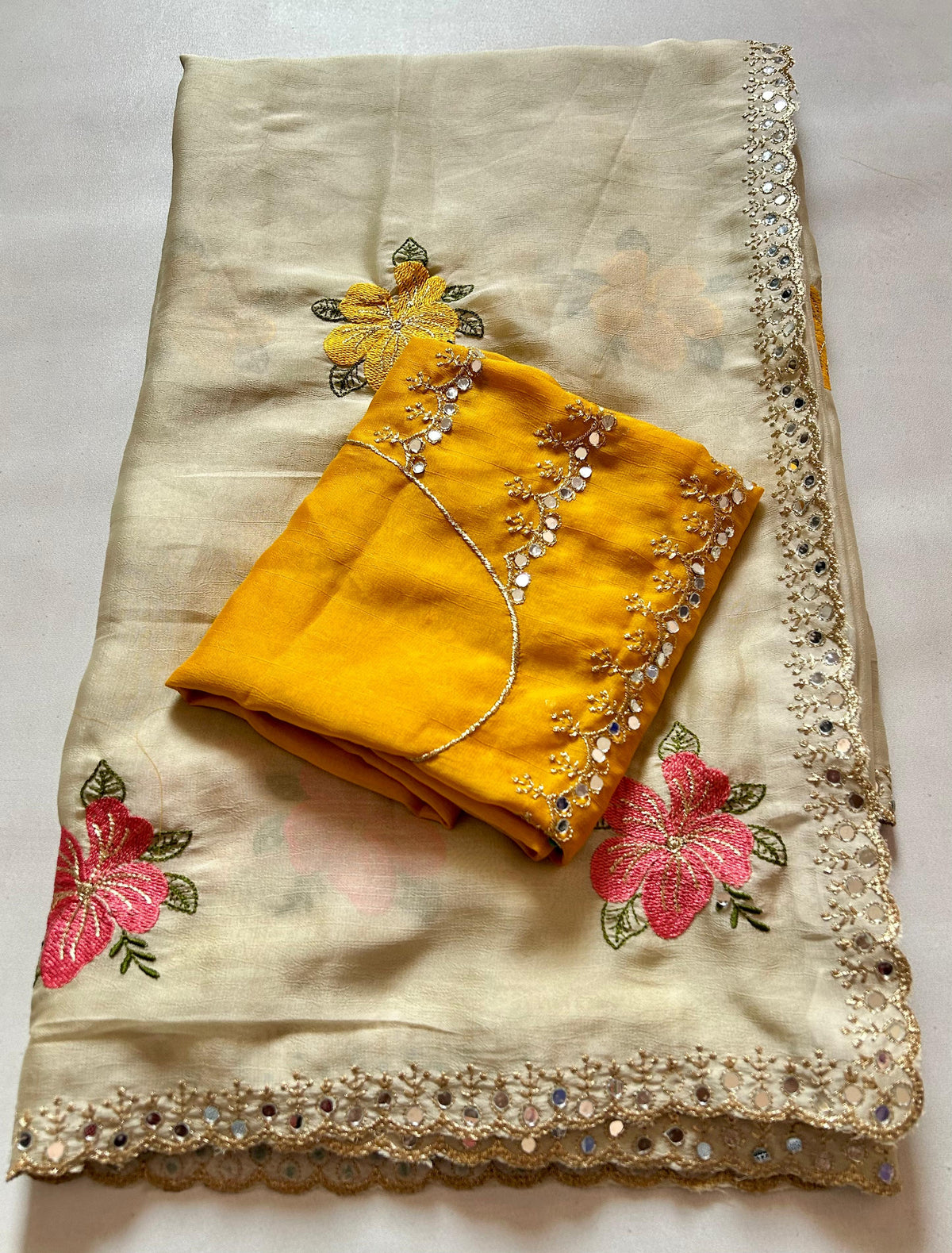 Adorable Festive Wear Soft Rangoli Silk Embroidery n Mirror Work Fancy Designer Saree With Contrast Blouse