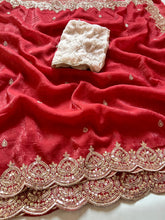 Load image into Gallery viewer, Mellifluous Function Wear Crunchy Chiffon Crush Silk Embroidery n Scalloped Cut Work Border Fancy Designer Saree With Contrast Blouse
