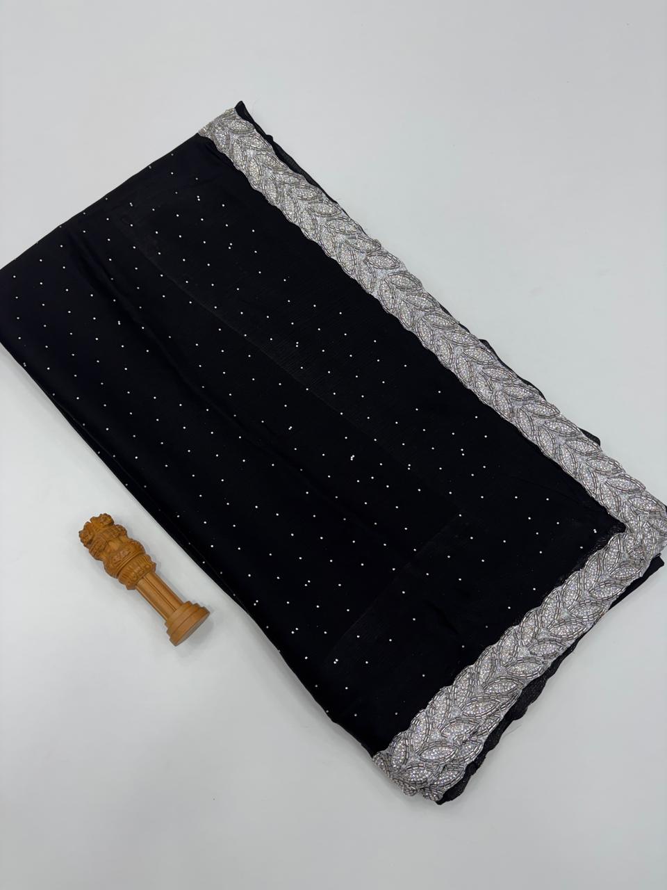 Entrancing Party Wear Black Colour Georgette Jarkan Lace With Siroski Diamond Fancy Designer Saree