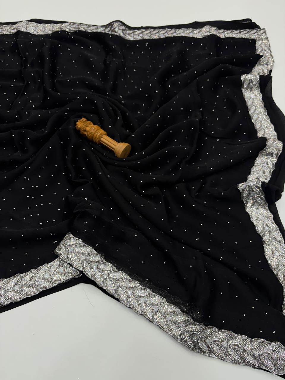 Entrancing Party Wear Black Colour Georgette Jarkan Lace With Siroski Diamond Fancy Designer Saree