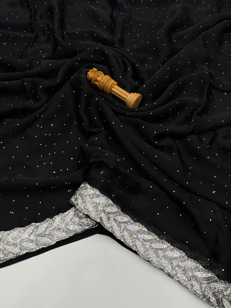 Entrancing Party Wear Black Colour Georgette Jarkan Lace With Siroski Diamond Fancy Designer Saree