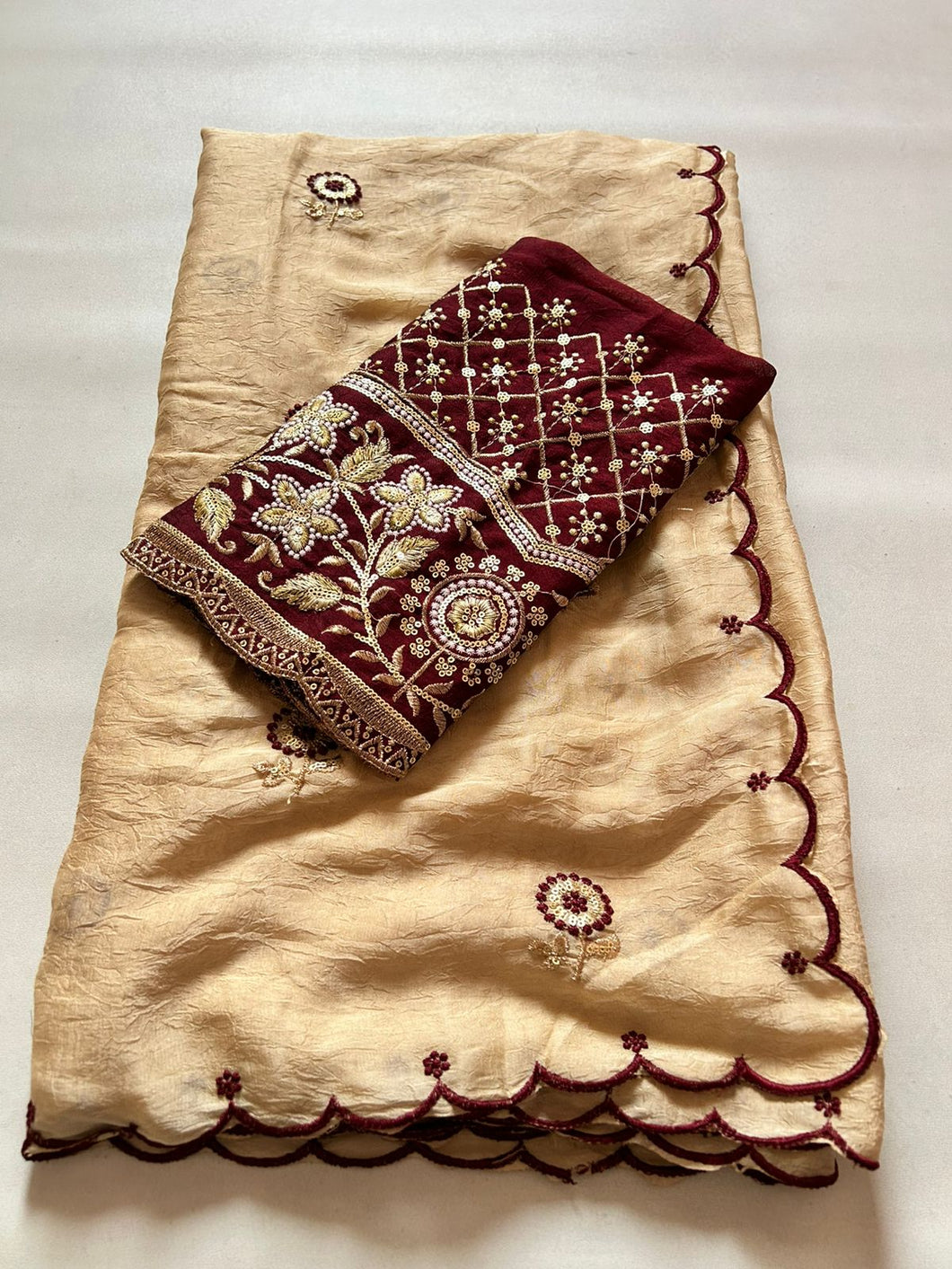 Beautiful Golden Color Party Wear Rangoli Crush Silk Sequence n Cut Work Saree With Blouse