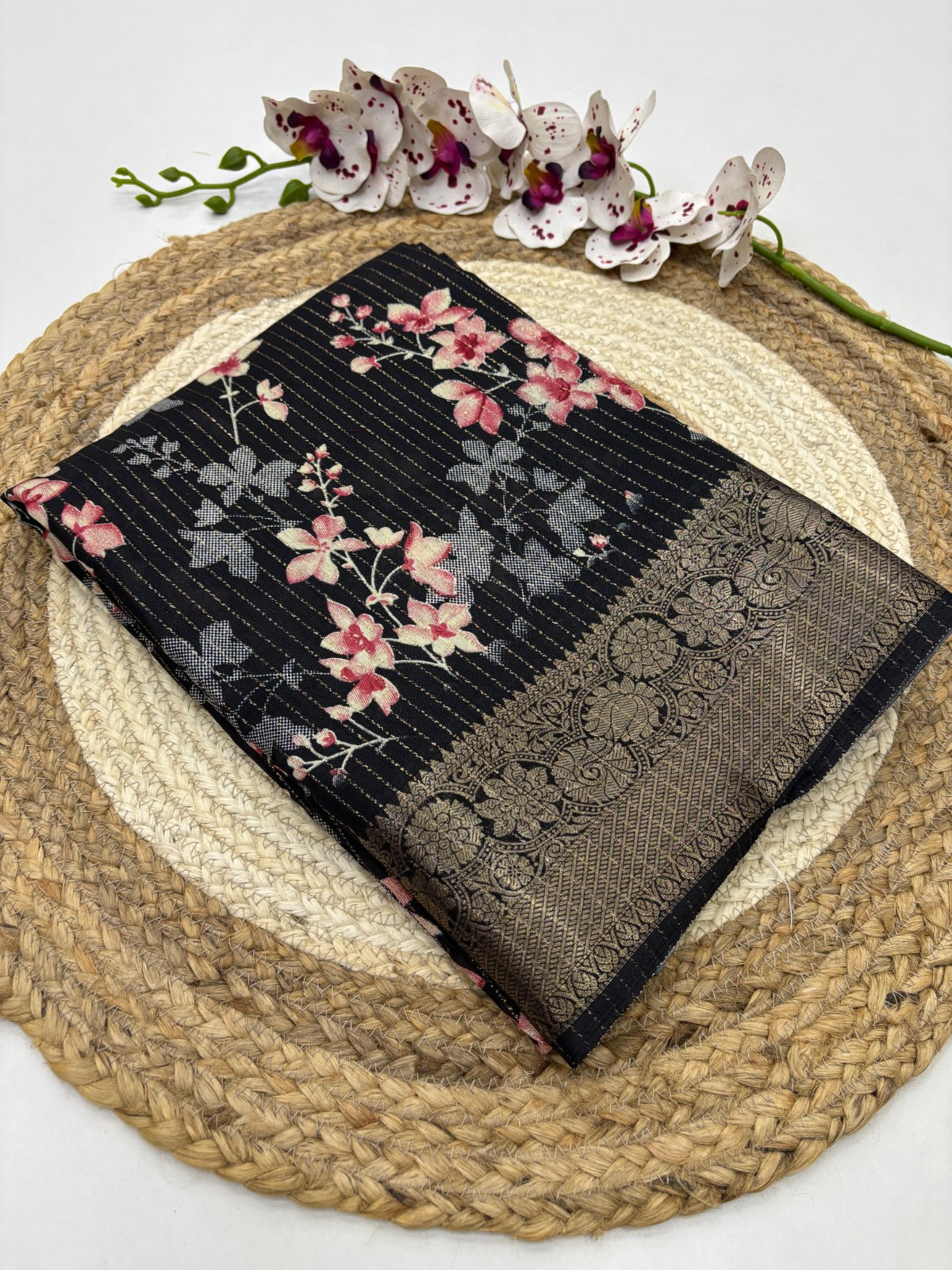 New Function Wear Black Color Dola Silk Print With Jacquard Weaving Border Work Fancy Designer Saree