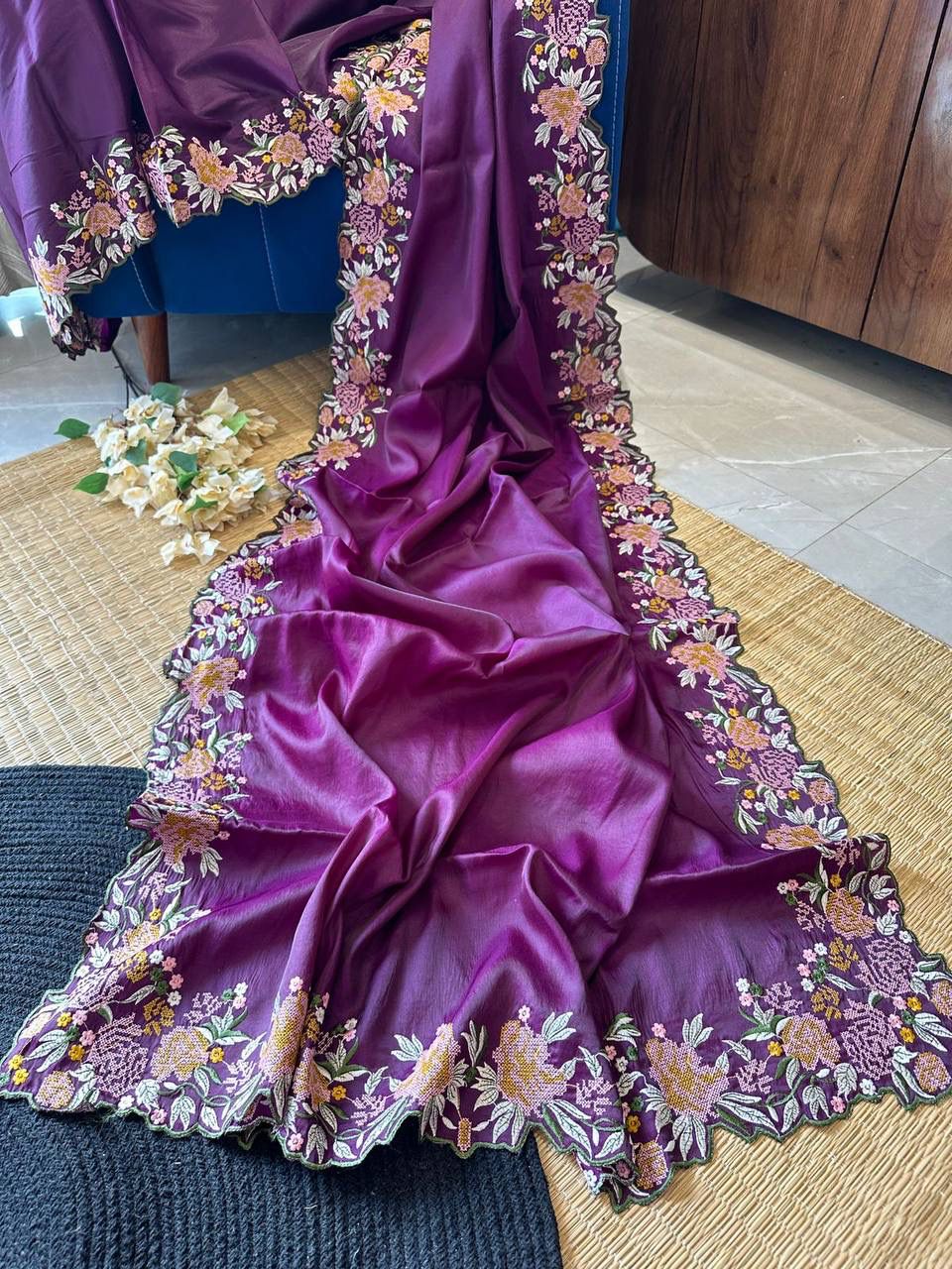 New Wedding Wear Pure Tussar Silk Embroidery Thread Work Fancy Designer Saree Design