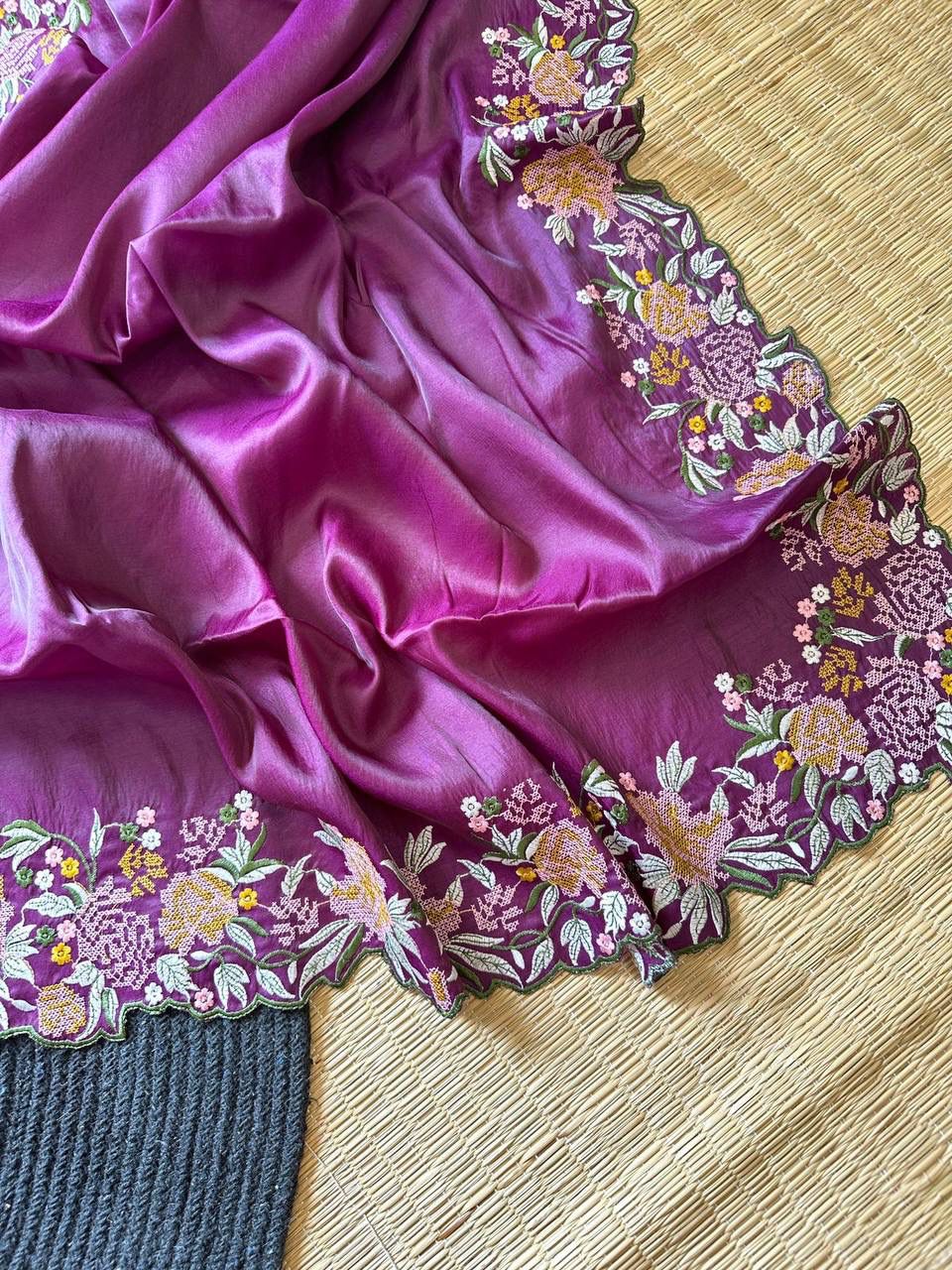New Wedding Wear Pure Tussar Silk Embroidery Thread Work Fancy Designer Saree Design