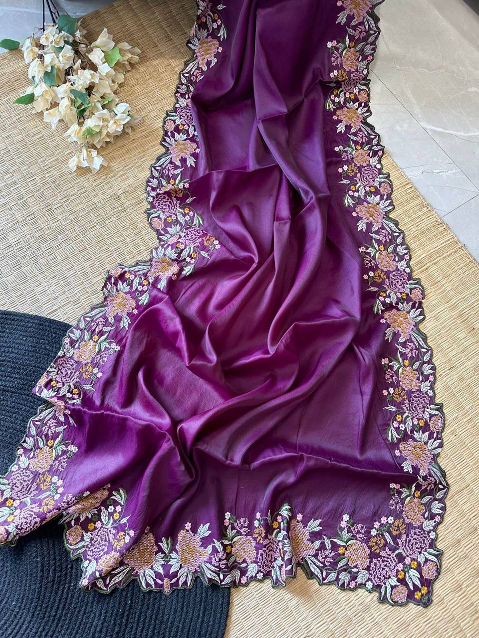 New Wedding Wear Pure Tussar Silk Embroidery Thread Work Fancy Designer Saree Design