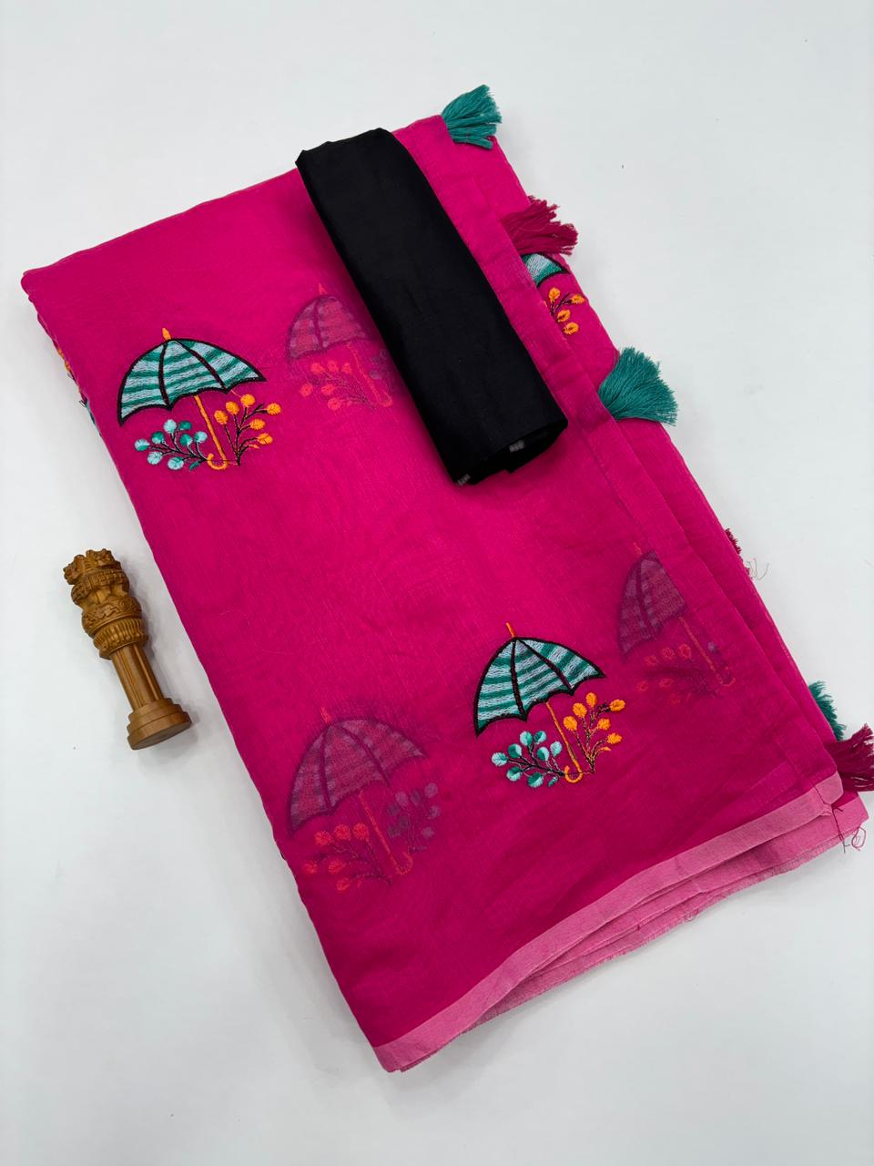Luminous Party Wear Pure Soft Chanderi Silk Embroidery n Tussels Work Fancy Designer Saree With Unstitched Blouse