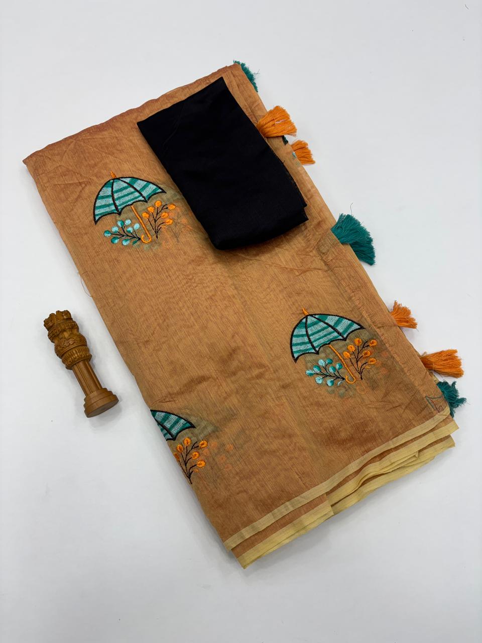 Luminous Party Wear Pure Soft Chanderi Silk Embroidery n Tussels Work Fancy Designer Saree With Unstitched Blouse