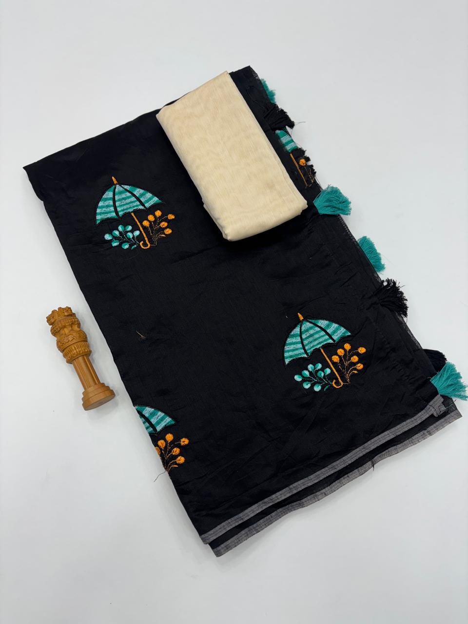 Luminous Party Wear Pure Soft Chanderi Silk Embroidery n Tussels Work Fancy Designer Saree With Unstitched Blouse