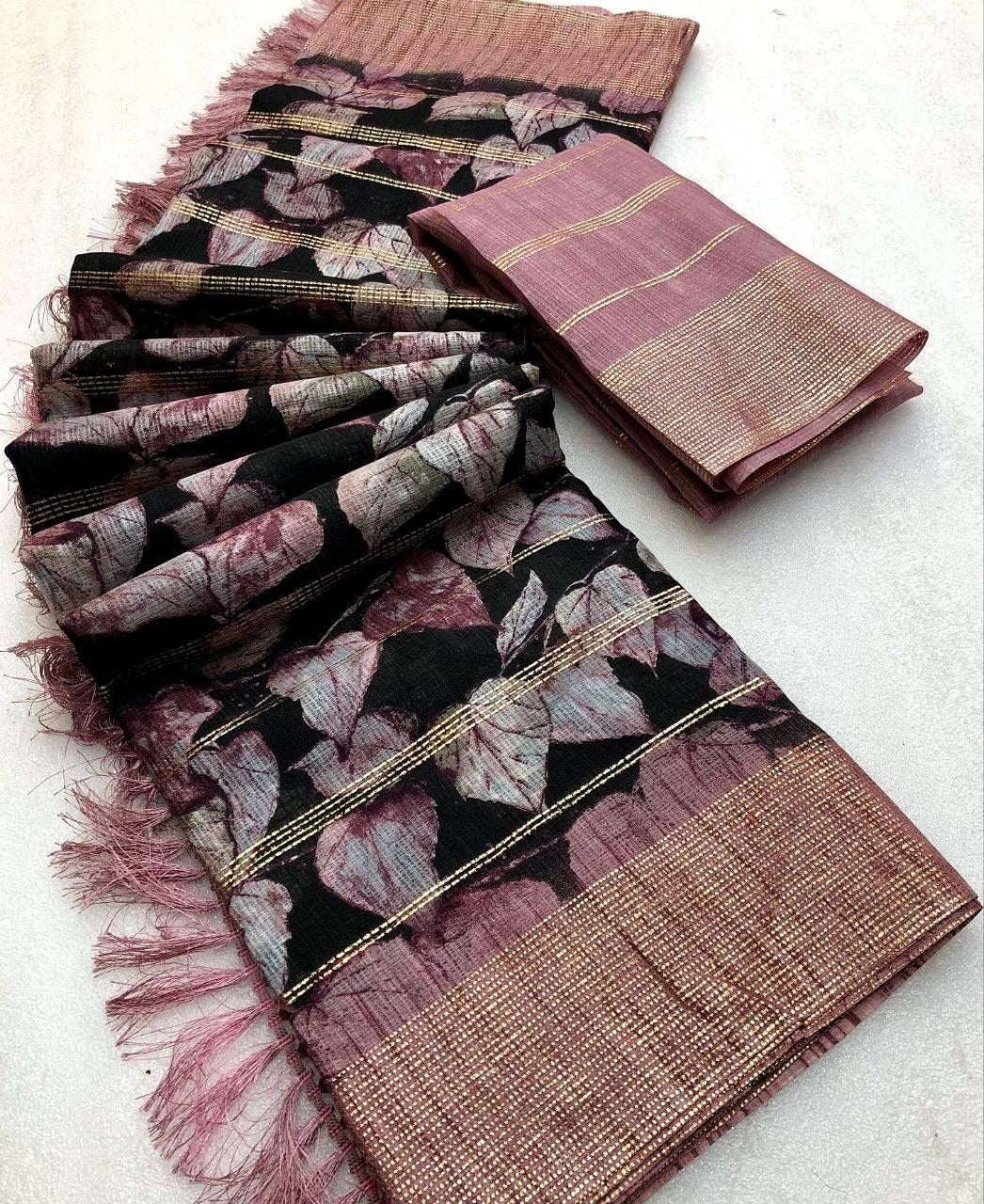 New Party Wear Soft Lenin Foil Lining Print n Foil Printed Border Saree With Blouse