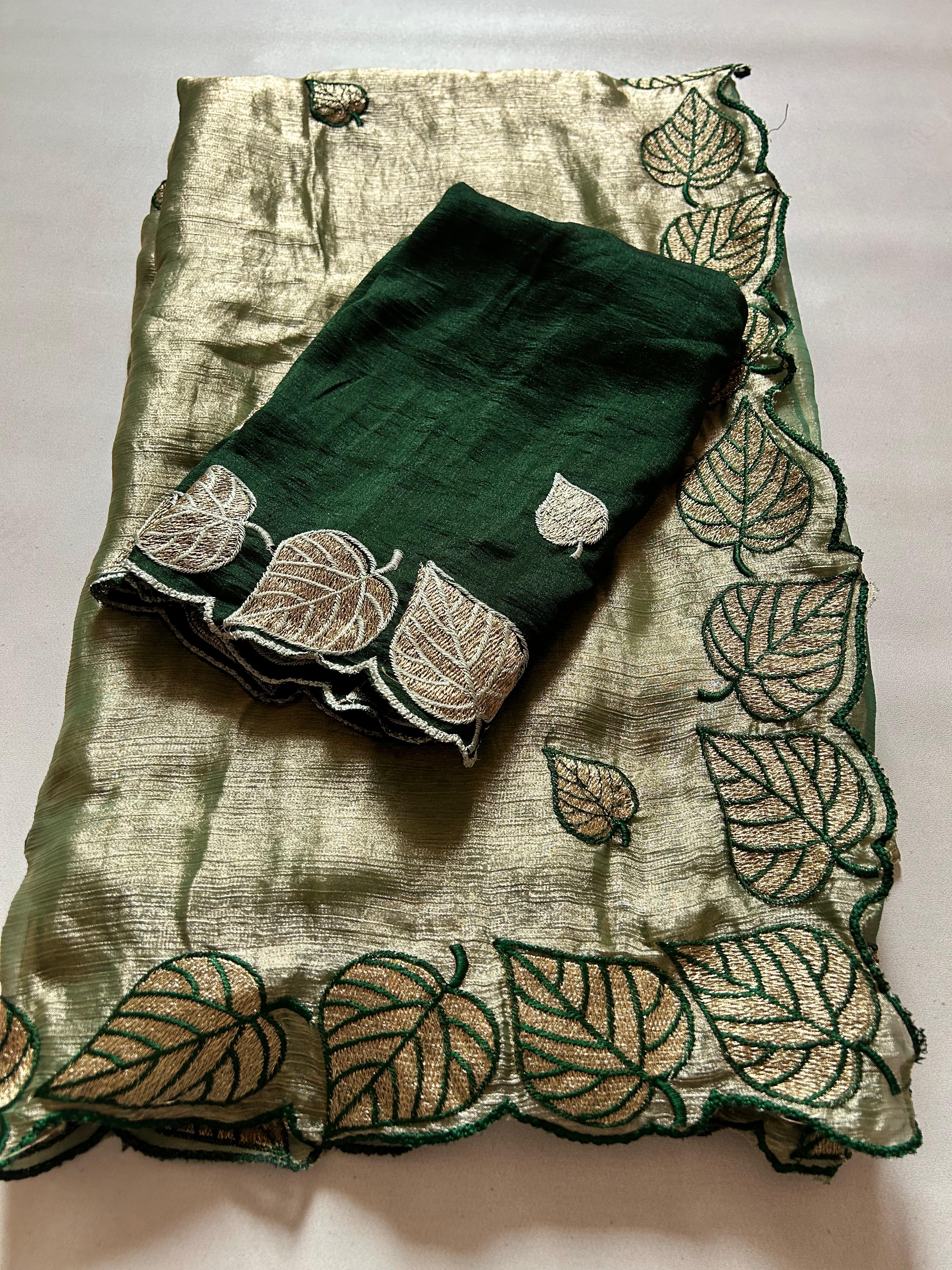 Attractive Party Wear Silk Crush Embroidery n Cut Work Saree With Contrast Blouse Piece
