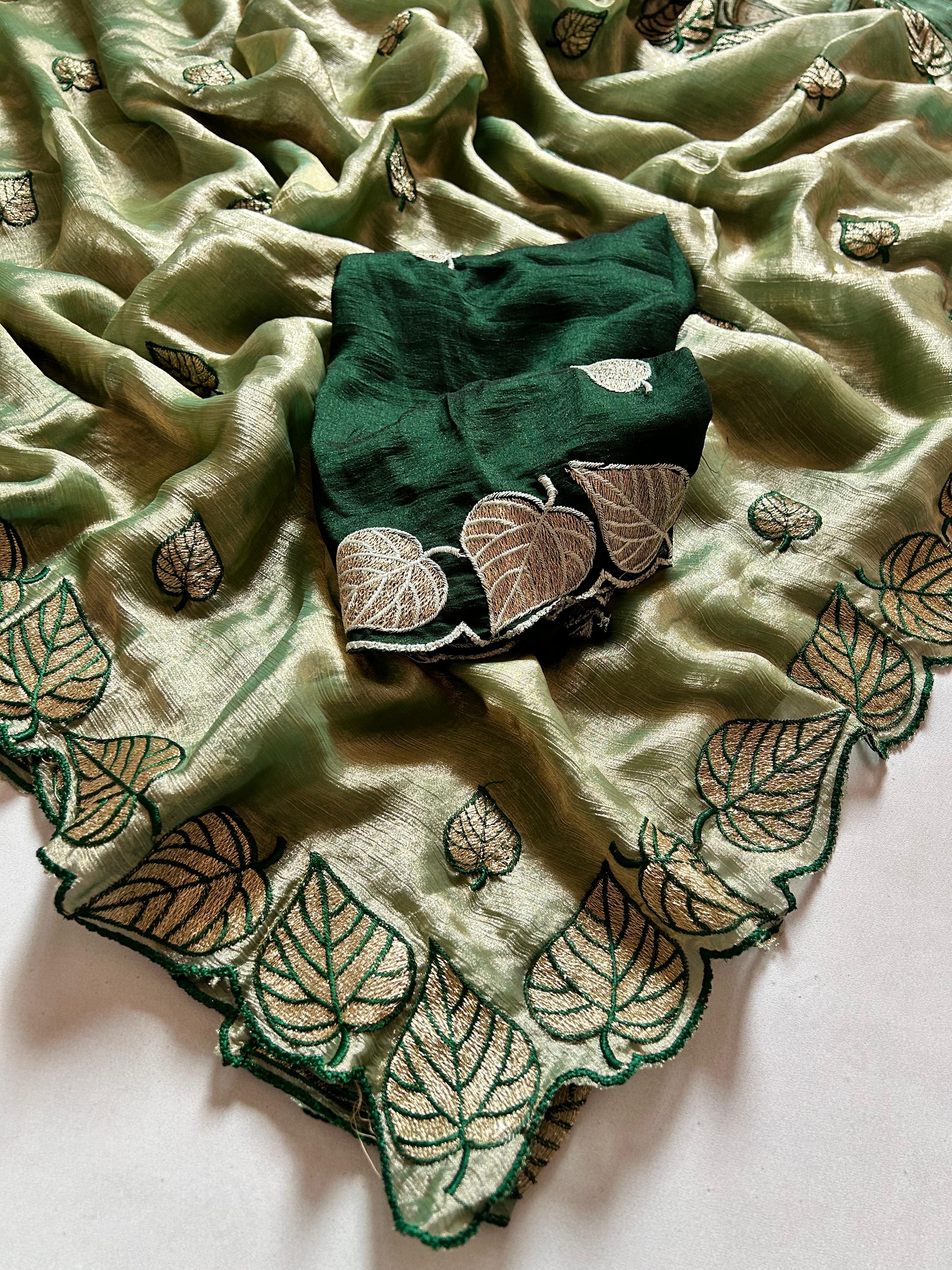 Attractive Party Wear Silk Crush Embroidery n Cut Work Saree With Contrast Blouse Piece