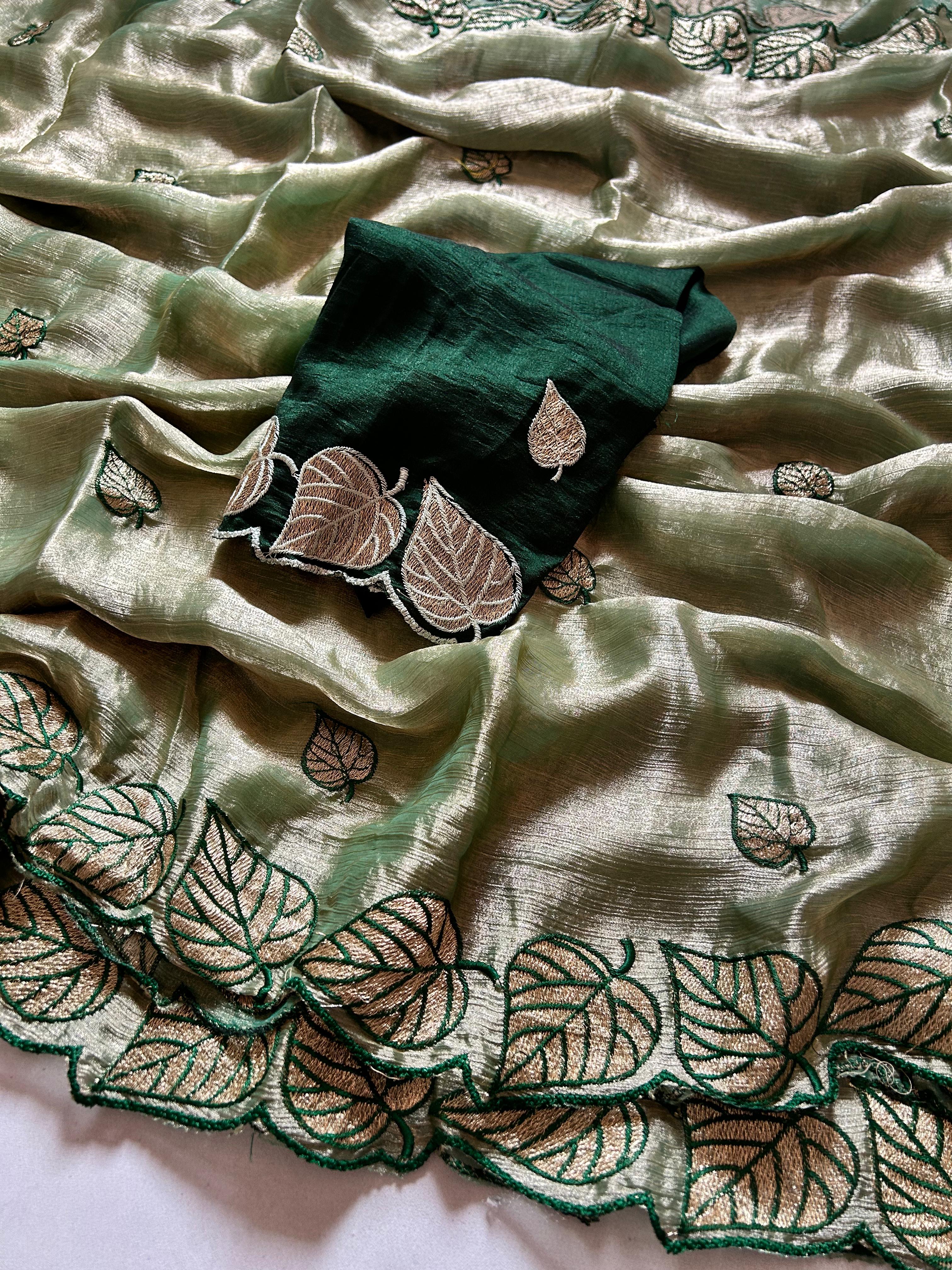 Attractive Party Wear Silk Crush Embroidery n Cut Work Saree With Contrast Blouse Piece