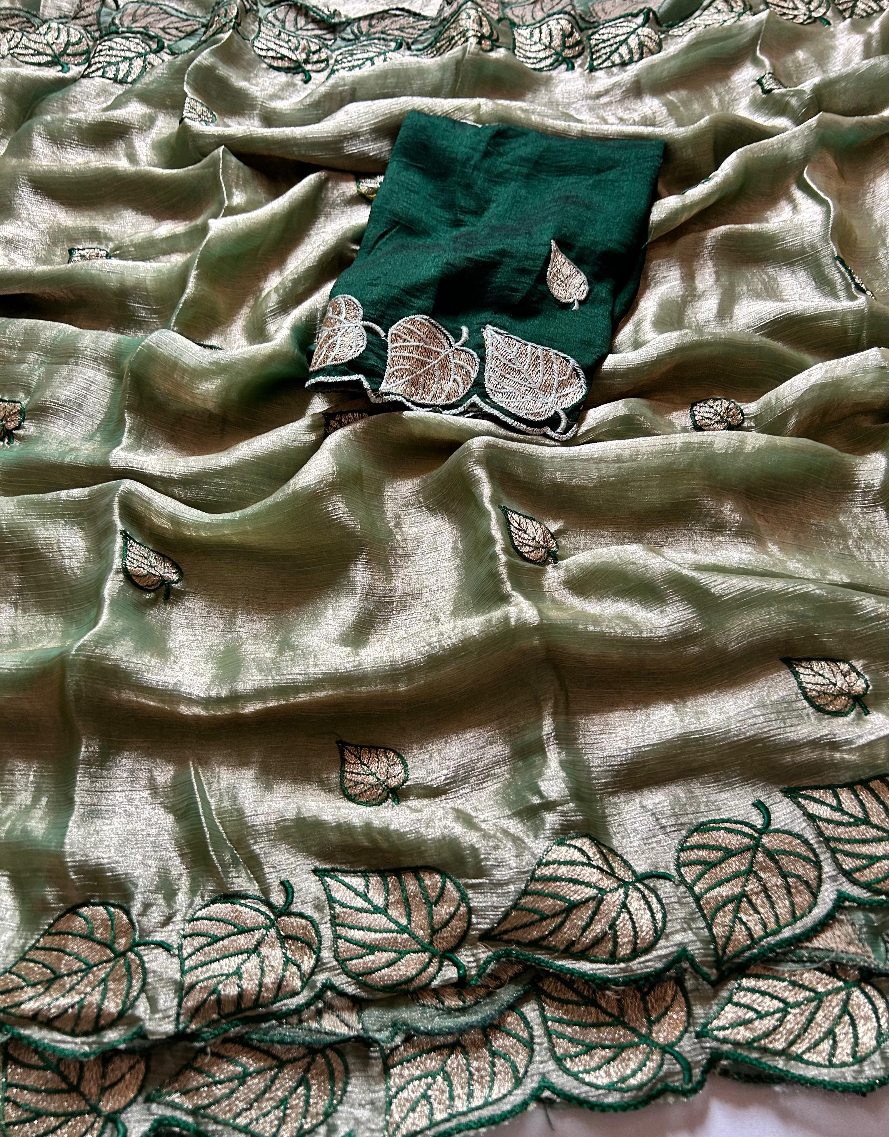 Attractive Party Wear Silk Crush Embroidery n Cut Work Saree With Contrast Blouse Piece