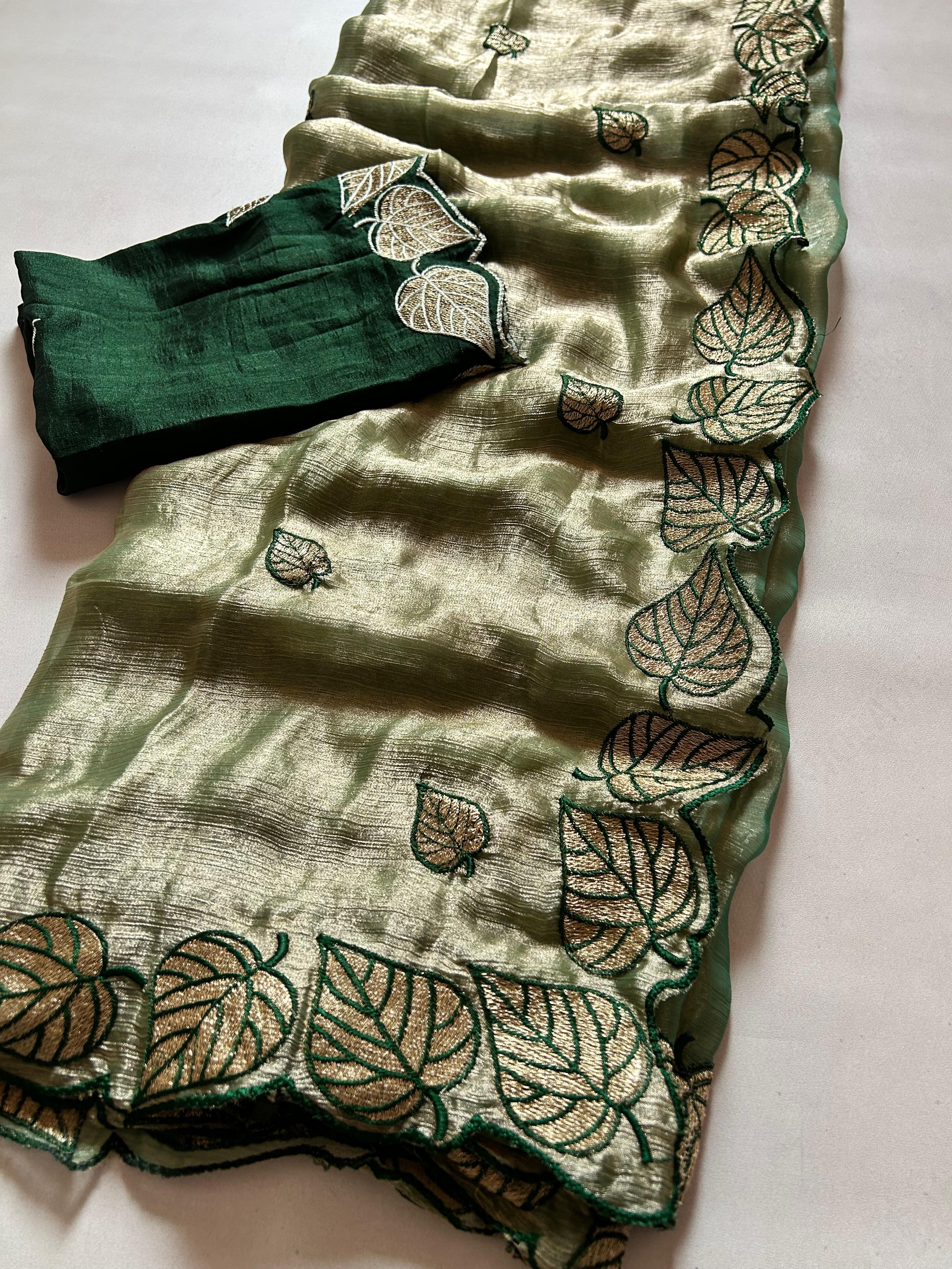 Attractive Party Wear Silk Crush Embroidery n Cut Work Saree With Contrast Blouse Piece