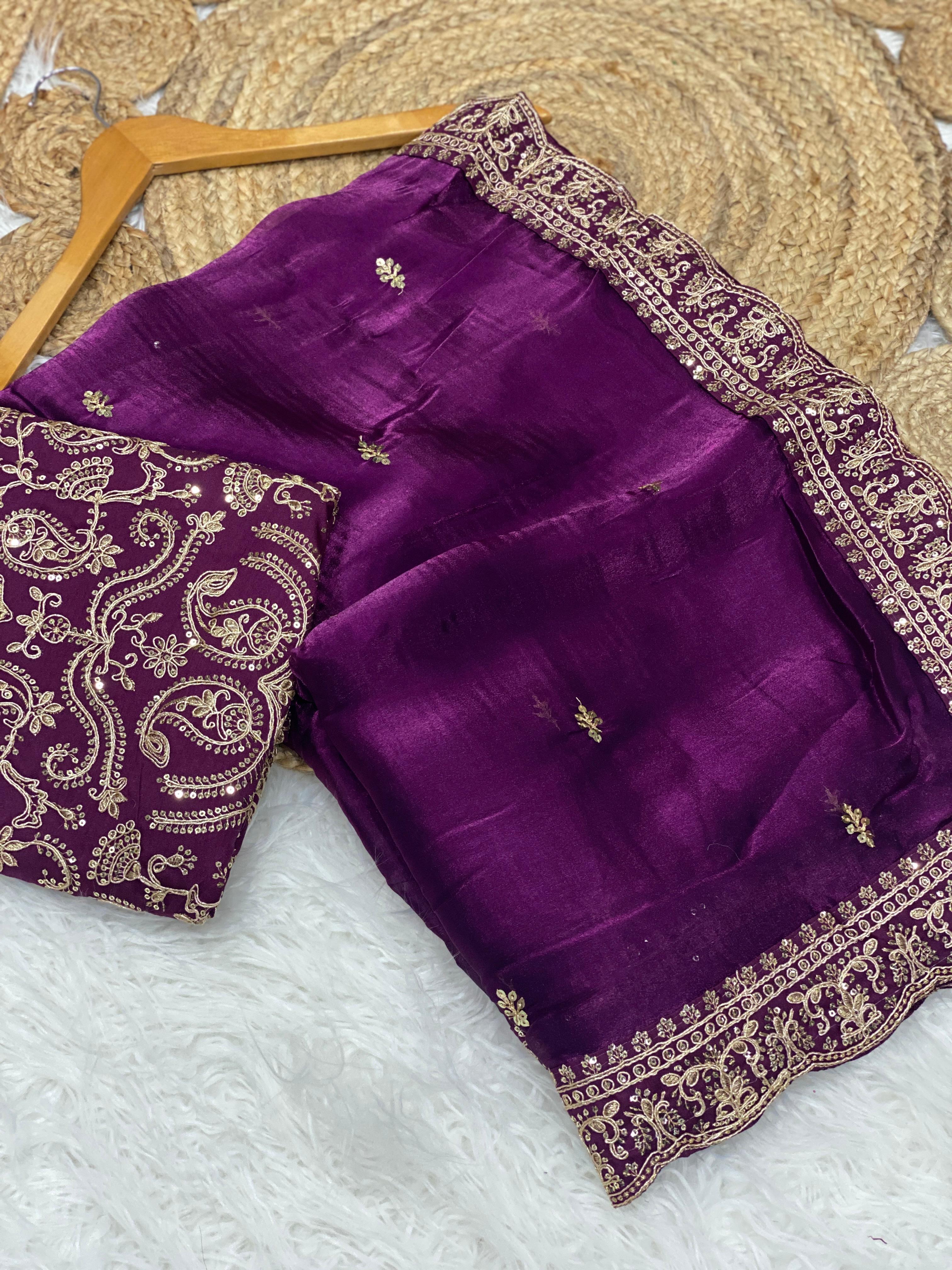 Designer Satin Silk Embroidered Sequin Work Saree with With Blouse Piece