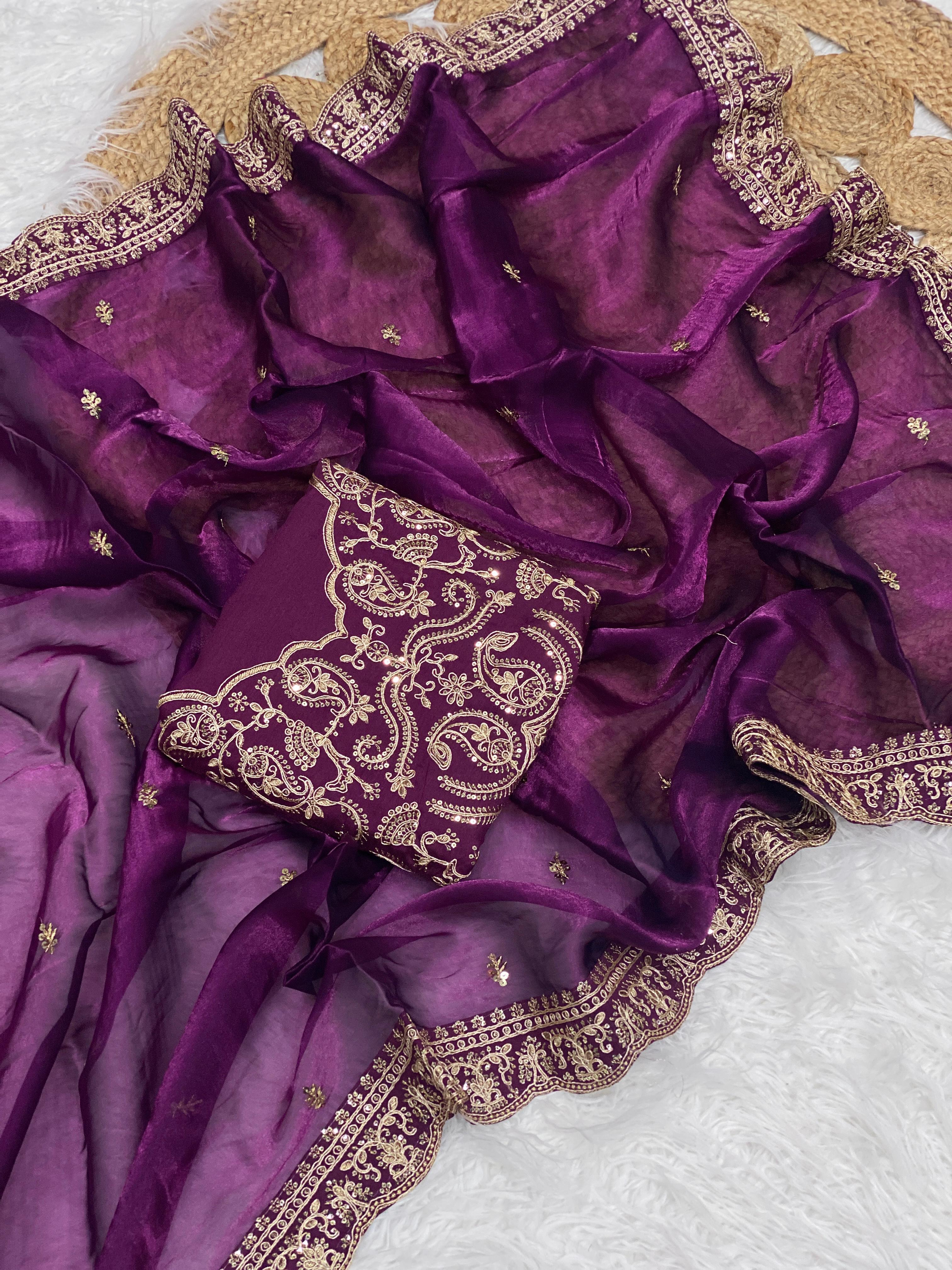 Designer Satin Silk Embroidered Sequin Work Saree with With Blouse Piece