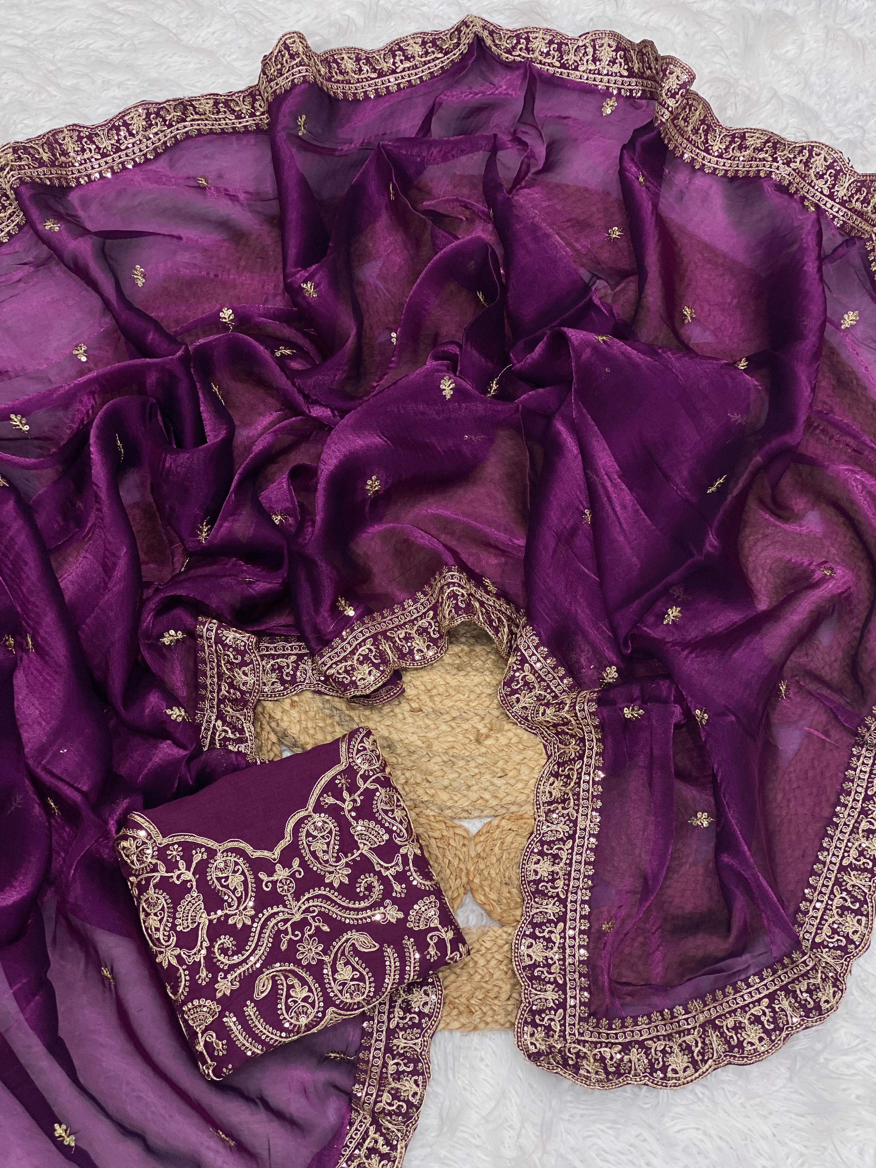 Designer Satin Silk Embroidered Sequin Work Saree with With Blouse Piece